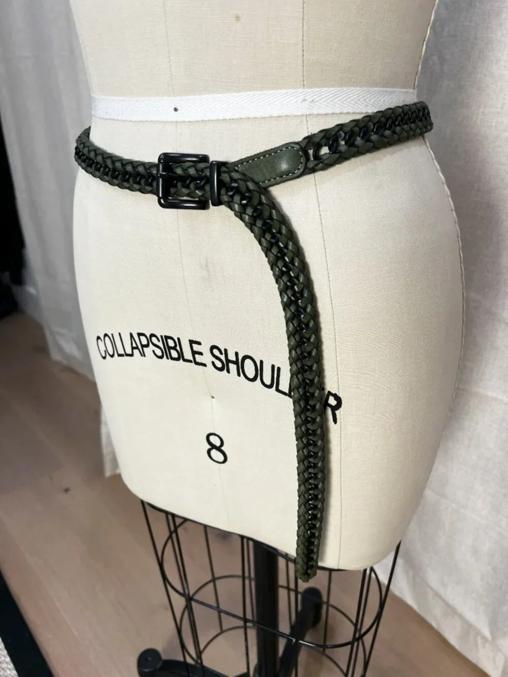 J. Crew Braided Leather Chain 3/4" Narrow Belt Olive M/L - Picture 2 of 3